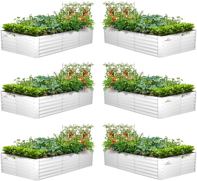 A ANLEOLIFE 6 Pcs 8X4X1.5 ft Rectangular Galvanized Raised Garden Beds Outdoor for Planting Vegetables Flowers Herb Antique White