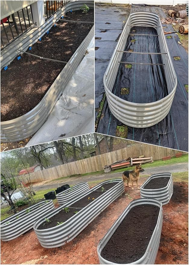 A ANLEOLIFE 3 Pcs 12X3X1.5 ft Oval Extra Large Galvanized Raised Garden Beds Outdoor for Planting Vegetables Flowers Herb Quartz Grey