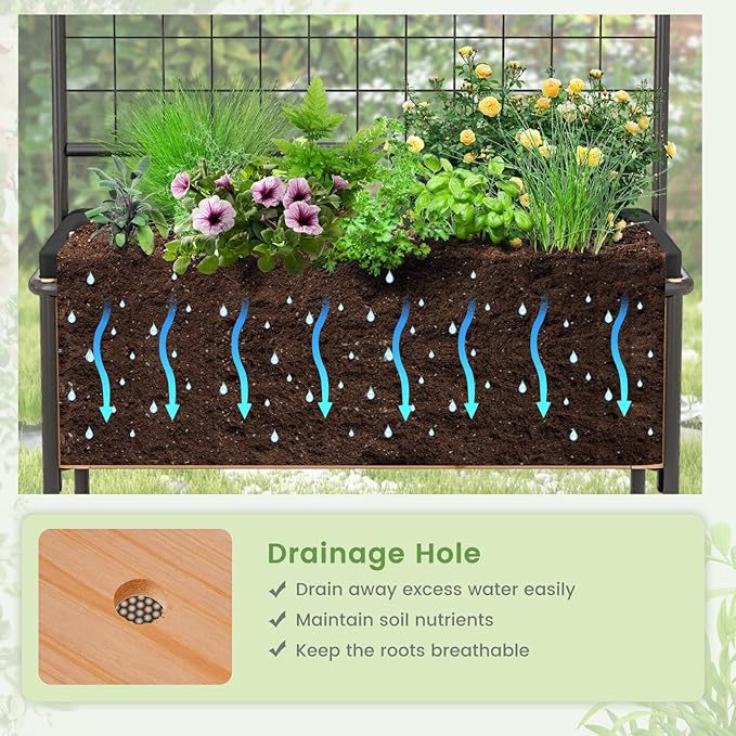 Giantex Raised Garden Bed with Trellis Elevated Wood Metal Planter Box with 2-Tier Storage Shelves Grid Divider Drain Hole &amp Black Liner Freestanding Garden Planter for Herb Vegetable Fruit Fl