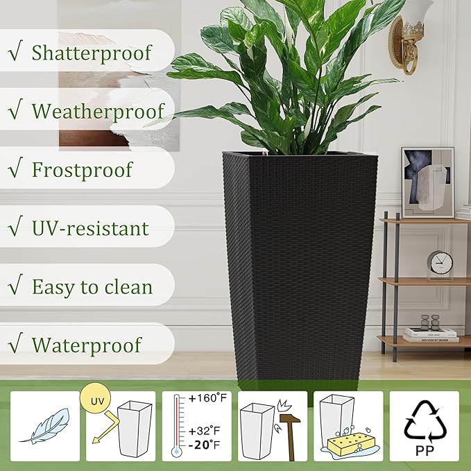 IndoorOutdoor Faux Rattan Square Planter 30 Inch Black Plastic Large Planter with Automatic Watering System for Home and G(Black 30 Inch 1)