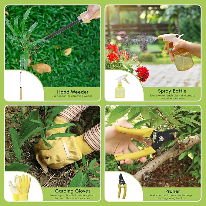 9-Piece Gardening Tool Set Heavy Duty Garden Tool Set with Wood Handle Premium &amp Durable Hand Tools Gardening Kit with Stylish Handbag Gardening Gifts for Women
