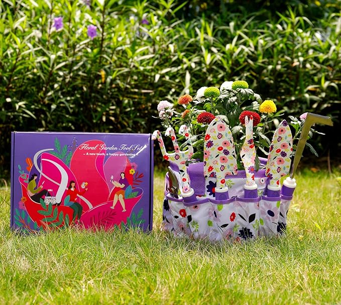Floral Purple Garden Tool Set Gardening Gifts for WomenGarden Pruning Shears SetHeavy Duty Gardening Tools KitStorage Tote Bucket Bag OrganizerBirthday Gifts for Her