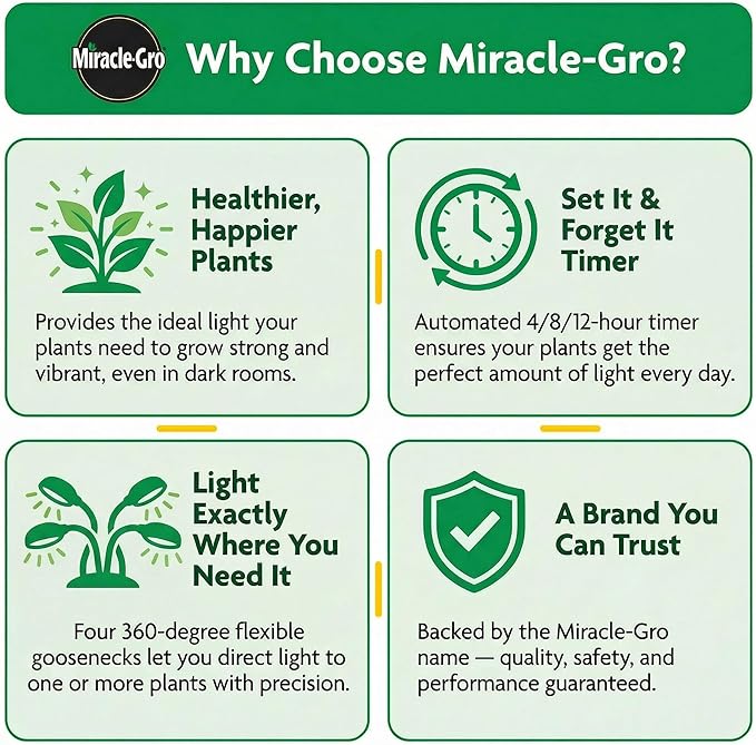 Miracle-Gro LED Grow Light for Indoor Plants 4-Head | Selectable Spectrum Clip On Plant Light with Timer &amp Dimmable Modes | Flexible Gooseneck Lamp for Seed Starting Succulents Herbs &amp House