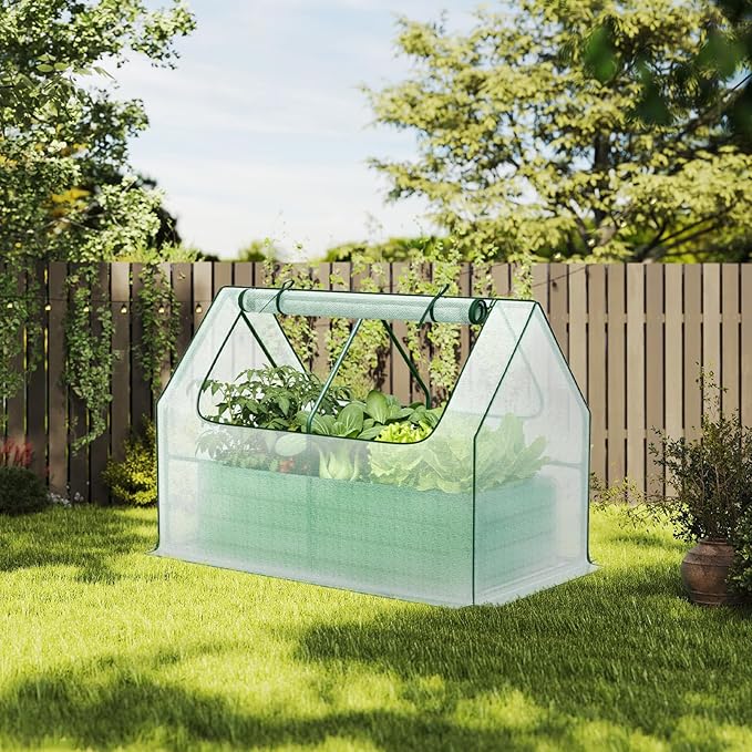 Aoodor Raised Garden Bed Kit 4x2x1 FT Galvanized Planter Box with PE Cover Screen Windows for Gardening White