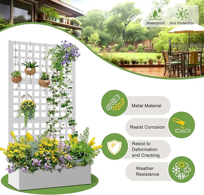 FENCY Metal Raised Garden Bed with Trellis Planter Box with Trellis Garden Box for Climbing Plants Vegetable 35''Lx16''Wx71''H Metal Garden Bed with Drainage Holes(White)