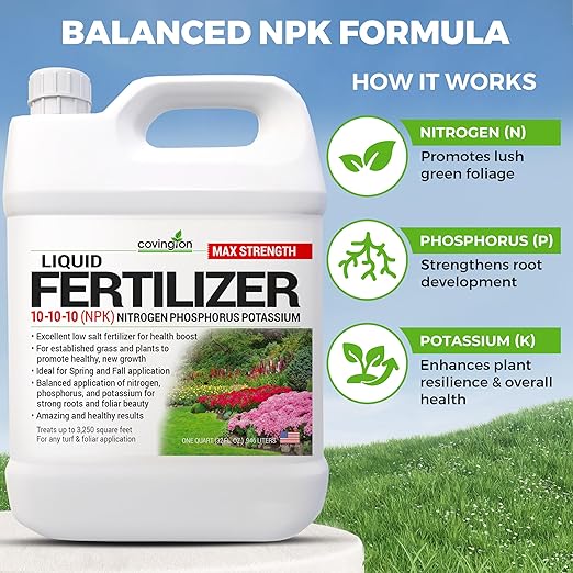Covington 10-10-10 NPK Liquid Fertilizer (32oz) All Purpose Liquid 10 10 10 NPK - Lawn Food with Nitrogen Phosphorus Potassium Concentrate for Lawns Outdoor &amp Indoor Plants Vegetable Gardens