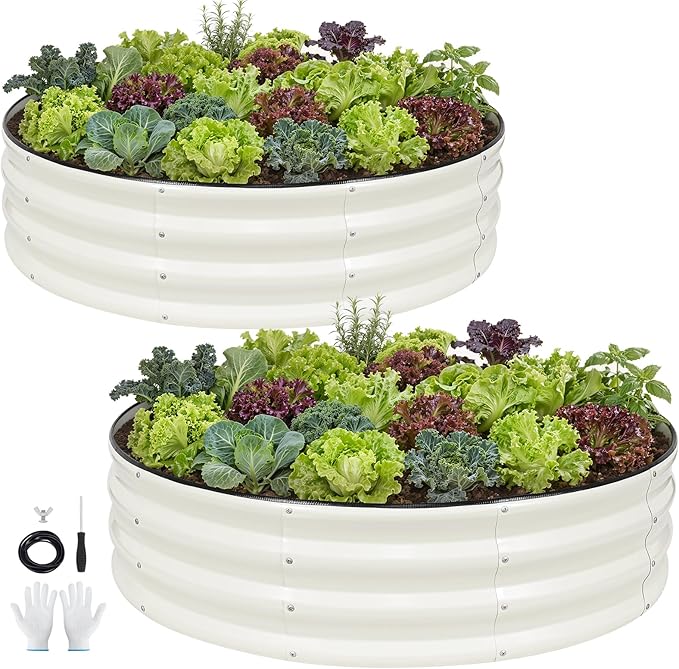 Galvanized Raised Garden Bed Outdoor 2Pcs | 4x4x1ft Metal Raised Beds for Gardening with Safety Rubber Strip | Round Planter Box for Plants Like Vegetables Fruits Flowers White