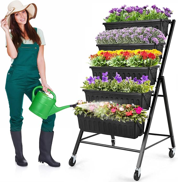 Homdox 4FT Vertical Garden Bed 5 Tiers Raised Garden Planter 25.6 * 26 * 48Inch with 4 Hooks &amp 4 Wheels Vegetable Flower Stand for Garden Patio Yard Black