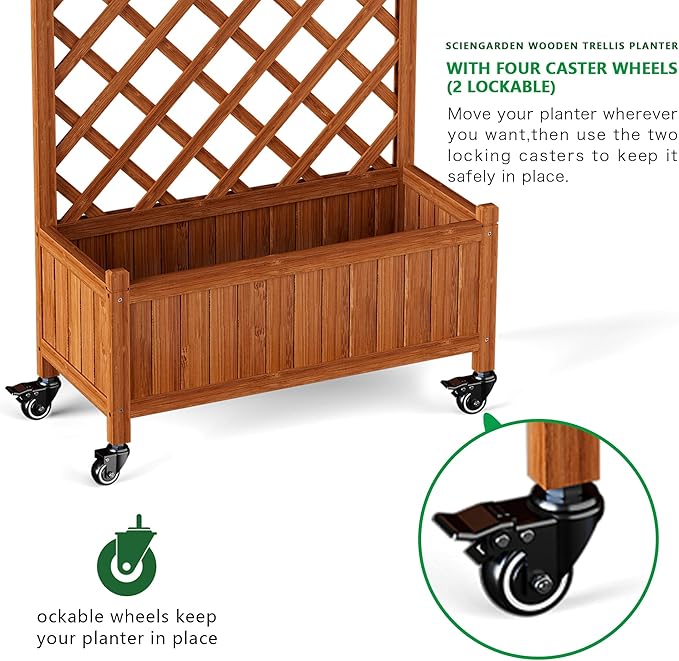 Upgraded 2-Pack 50 Tall Trellis Planter Box with Wheels 49.8H × 27.6W × 13.0D Solid Fir Wood Raised Garden Bed &amp Lattice Privacy Screen Rolling Planter with Drainage for Patio/Garden