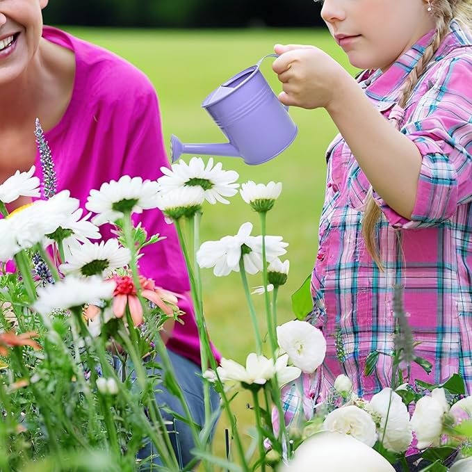 Small Metal Watering Can Set Pink 1.2L and 0.23L Garden Cans with Long Spout Indoor Outdoor Plant Care (Purple)