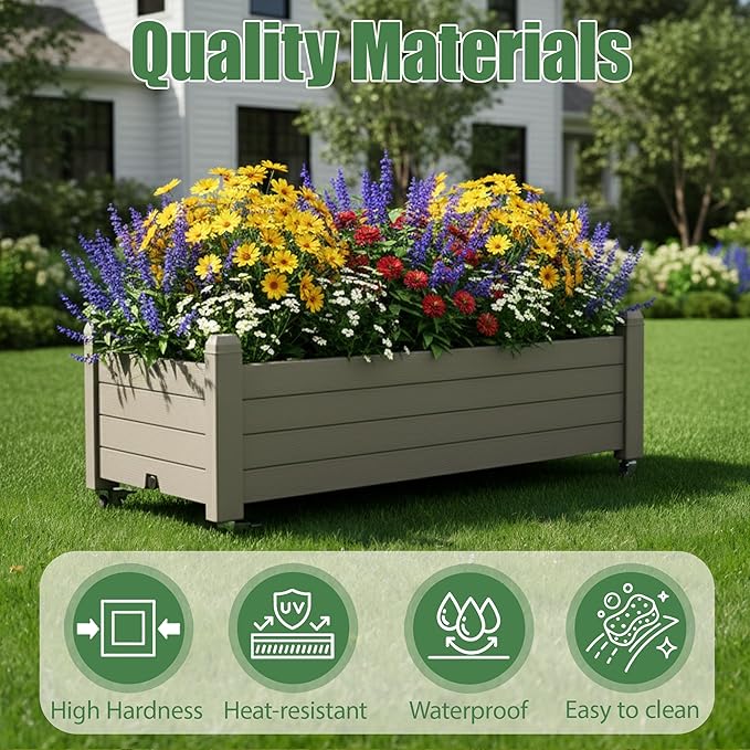 Raised Garden Bed with Wheels Outdoor Resin Planter Box with Drain Hole and Water Level Detector for Backyard Patio Balcony Gray (13.3 h)