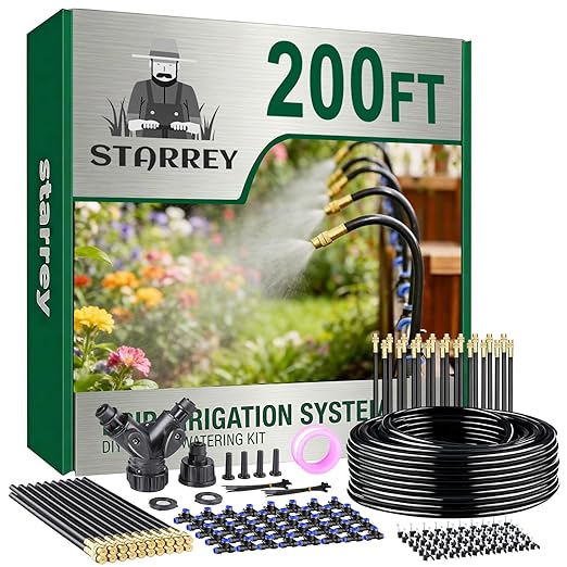 Drip Irrigation System 2026-Upgrade 200Ft 1/4 Garden Watering System with 40 Pcs 360° Adjustable Copper Nozzles DIY Kit for Garden Lawn Greenhouse Raised Beds &amp Outdoor Plants