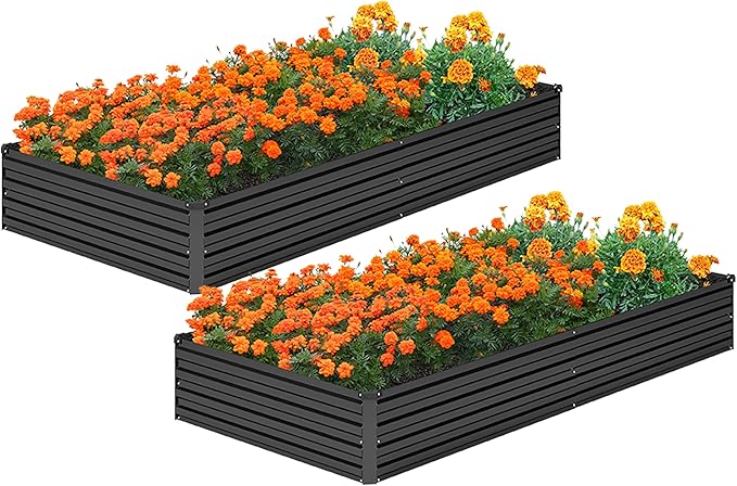 MGNO 2pcs 8x4x1FT Galvanized Raised Garden Bed-Outdoor Planter Box for Vegetables-Metal Garden BedRectangle Planting Box for HerbFlowerBlack