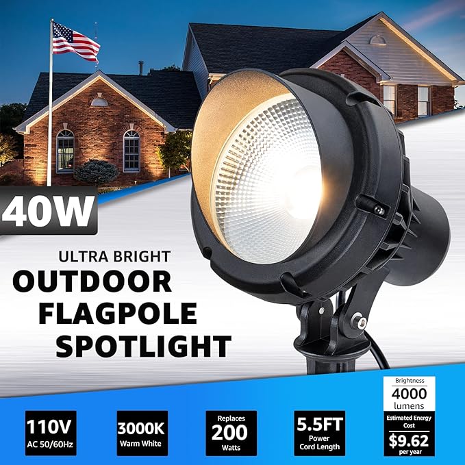 SUNVIE 40W Spot Lights Outdoor 120V LED Plug in Spotlight Outdoor 4000LM Ultra Bright Flag Pole Light 3000K Warm White Landscape Spotlights for Yard House Tree Lawn Signage with Stake &amp 5.5FT Cor
