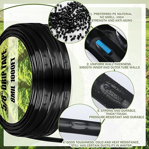 Tondiamo 1000' 5/8 Inch Drip Tape Irrigation Tubing Kit 8 Mil 6 Spacing Garden Hose Watering Tube Line Automatic Equipment for Garden Irrigation System Farms Landscape Lawn