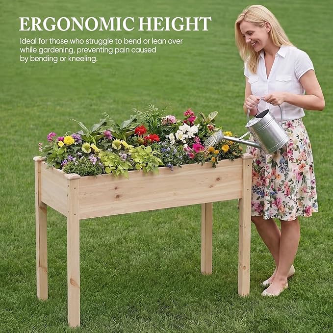 DUMOS Raised Garden Bed with Legs 34x18x30 Inch Planter Box Outdoor with Liner for Herbs Flowers Vegetables Elevated Wooden Garden Bed for Patio Balcony and Backyard Natural Wood