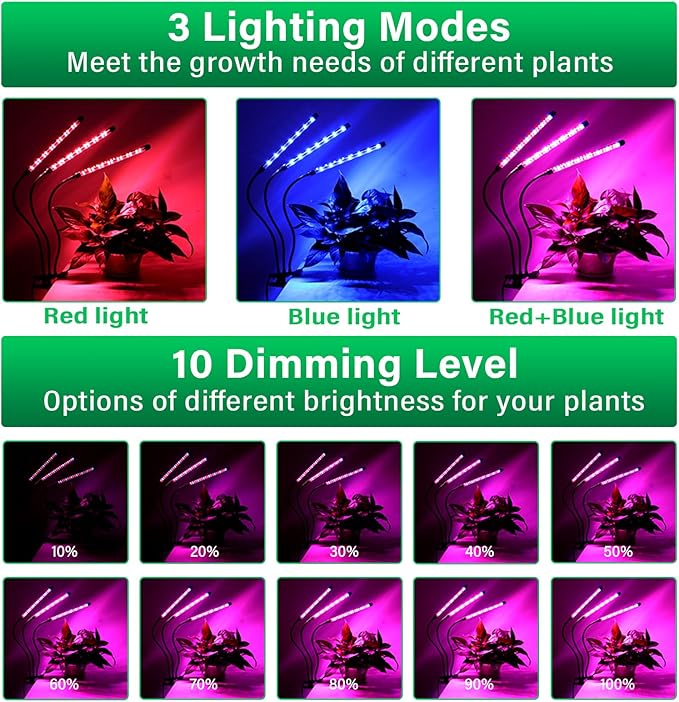 SKYWORLD LED Grow Light 60 LEDs Full Spectrum Clip Plant Growing Lamp for Indoor Plants Flexible Gooseneck Auto On Off Timing 3/9/12H 10 Dimmable Levels 3 Tubes Red &amp Blue