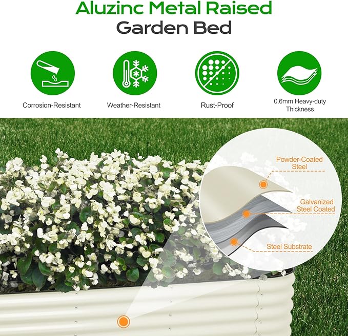 Aoodor 17 Tall Oval Galvanized Raised Garden Bed Kit 6-in-1 Large Metal Outdoor Planter Box for Vegetables Flowers and Herbs 7.5 x 2.3 x 1.5 Ft Beige