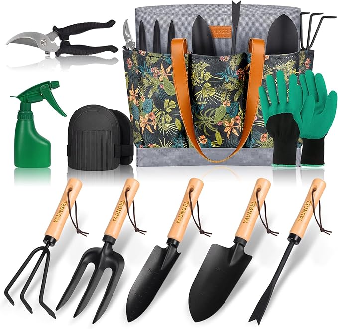 YAUNGEL Garden Tools - 10Pcs Garden Tool Set Heavy Duty Stainless Steel Gardening Supplies Hand Tools with Wooden Handle Storage Tote Bag Ideal Gardening Gifts for Women and Men Black