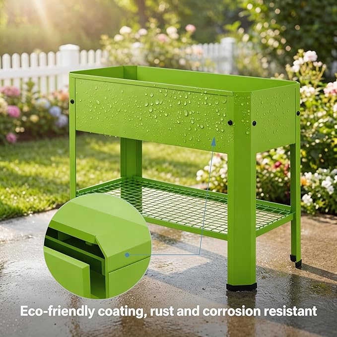 Raised Garden Bed with Legs 32×14×32 in Metal Elevated Raised Planter Box with Storage Rack &amp Drainage Holes for Backyard Patio Balcony 200 lb Capacity - Green