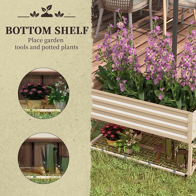 Elevated Garden Bed with Storage Shelf - Raised Planter Box for Vegetables Flowers and Herbs (Cream)