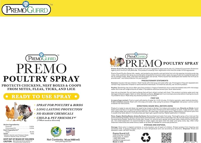 Premo Guard Poultry Spray - 16 oz - Kill Scaly Leg Mites Fleas Lice &amp Other Pest on Chickens and in Coops - Natural Plant Based Oils for Control &amp Prevention - Family Safe with No Egg Wit