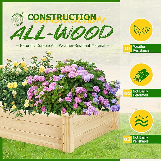 8FT Wooden Raised Garden Bed - Elevated Planter Box for Vegetables Flowers - Natural Outdoor Planting Kit for Patio Yard Backyard