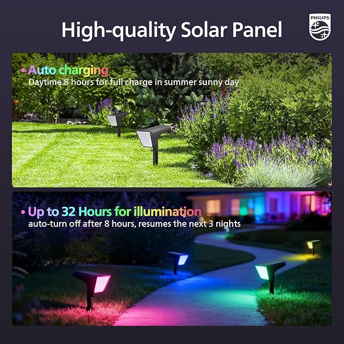 Philips 4 Packs Solar RGBW Spot Lights Outdoor 18 LED Solar Powered Landscape Lights 9 Lighting Modes Color-Changing Dusk to Dawn Waterproof Pathway Spotlights for Garden Trees Halloween Christmas