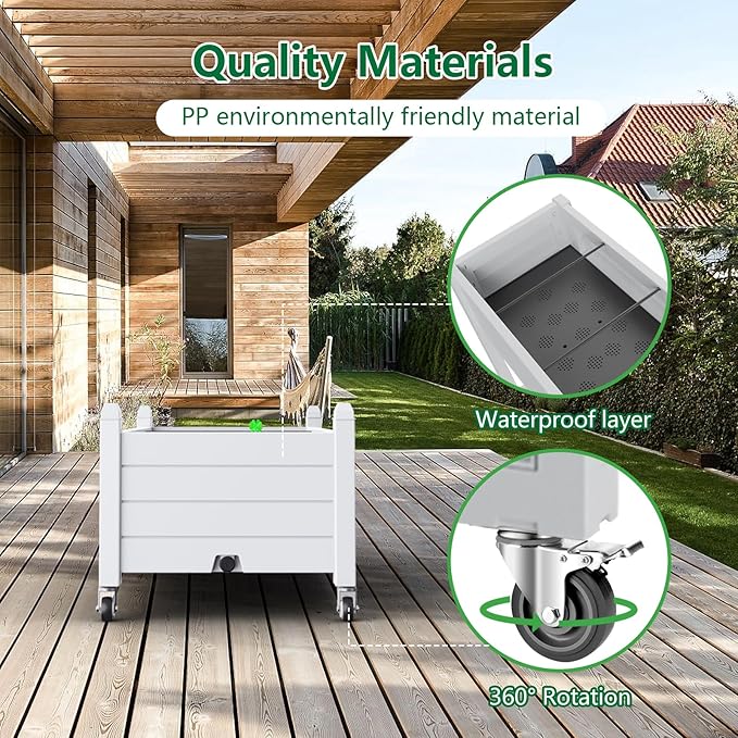 Vixzen Raised Garden Bed with Wheels OutdoorResin Weatherproof Planter Box with Drain Hole and Water Level Detectorfor Planting Plants Vegetables(Ashen 43.31 * 17.72 * 17.56)
