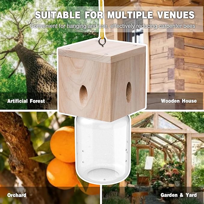 2 PCS Wood Carpenter Bee Trap for Outside - Best Bee Trap - Cube Style Nature Hanging Carpenter Bee Traps Plastic Jar Outdoor - Insect Traps