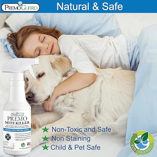 Premo Guard Natural Mite Spray – 32 oz Bottle – Plant Based Treatment for Dust Spider Carpet Bird Rat Mites – Safe for Families Pet Home Bedding &amp Furniture When Used As Directed