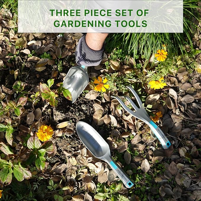 GOODSMANN Garden Tools Set 3 Piece All One Piece Die-Cast Aluminum Gardening Kit Hand Shovel Hand Transplanter and Hand Cultivator Shovel Soils Scoop Triple Claw Rake for Digging Planting