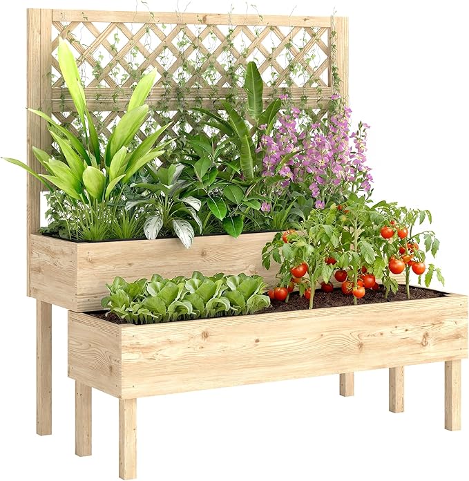 Outsunny 2-Tier Raised Garden Bed with Trellis Wooden Elevated Planter Box with Drainage Gaps Liners Trellis Planter for Climbing Plants Flowers Herbs 42.5 x 24.4 x 47.2 Natural