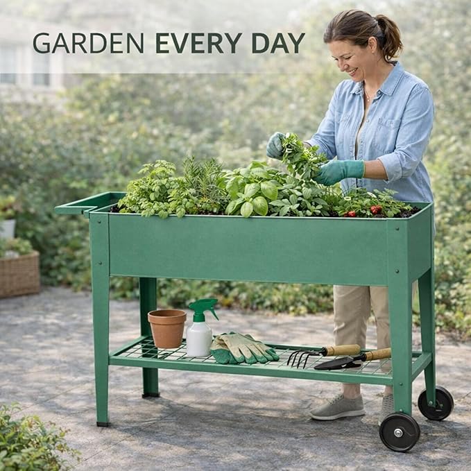 InSideOut Elevated 40 Raised Garden Bed Outdoor with Wheels &amp Shelf for Mobility Metal Planter Box for Vegetables/Herbs Patio-Balcony-Backyard (Sage Green)