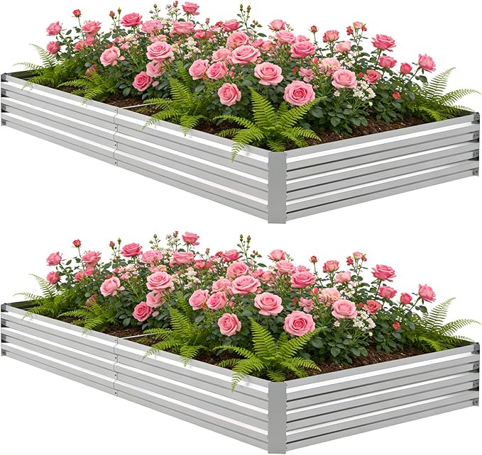 2PCS 8x4x1FT Galvanized Raised Garden Bed Outdoor Patio Large Rectangular Metal Planter BoxesPlant Container Kit for Gardening Vegetables Flowers HerbsSilver