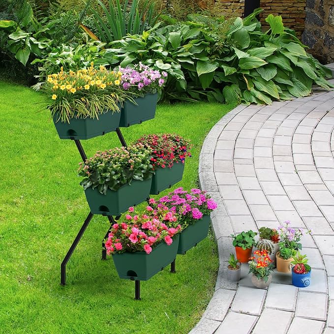 2 Column Vertical Raised Garden Beds 6 Planter Boxes Standing Garden Bed Outdoor/Indoor Herb Garden Tiered Planter with Drainage Holes &amp Removable Trays for Flowers/Vegetables/Plants (Green)