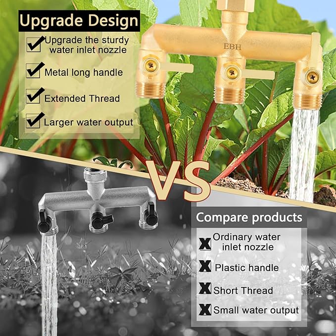 EBH Brass Garden Hose Splitter 3 Way High Flow Outdoor Faucet SplitterFull Flow 3-Way Brass Heavy Duty Hose Splitter With 3 Long Metal Handle and Individual On/Off Valve。