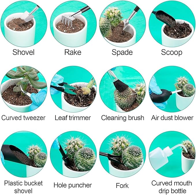 44pcs Small Gardening Tools Gifts for Women Beginners - Garden Hand Tools Set for Indoor Succulent Bonsai Plants Transplanting Included Bag/Repotting Mat/Shovel/Labels Green