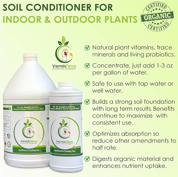 VermisTerra Earthworm Casting Tea - Organic Worm Tea with Kelp - Gallon - Soil Protector and Conditioner Concentrate - Living Enzymes Nourish Plants - All Crops: Vegetables Flowers Fruit and Trees
