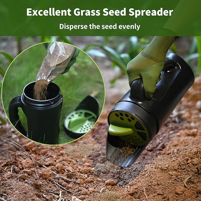 Seed Spreader Hand Held Hand Spreader Lawn and Garden for Fertilizer Grass Seed Salt Ice Melt Earth Food Seed Shaker with Multiple Adjustable Opening Sizes for All Purpose Up to 80 Oz