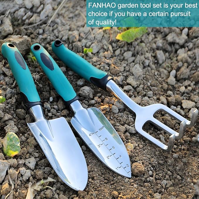 FANHAO Garden Tools Set 3 Piece Heavy Duty Gardening Tools Cast Aluminum with Soft Rubberized Non-Slip Handle Durable Garden Hand Tools Garden Gifts for Men Women