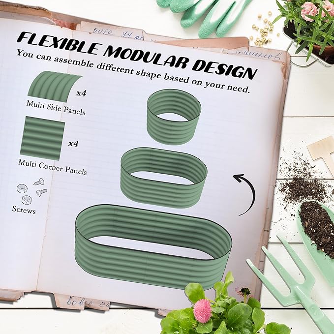 4.9' x 2' x 1.4' Galvanized Raised Garden Bed Kit Outdoor Metal Elevated Planter Box with Safety Edging Easy DIY Stock Tank for Growing Flowers Herbs Vegetables Green