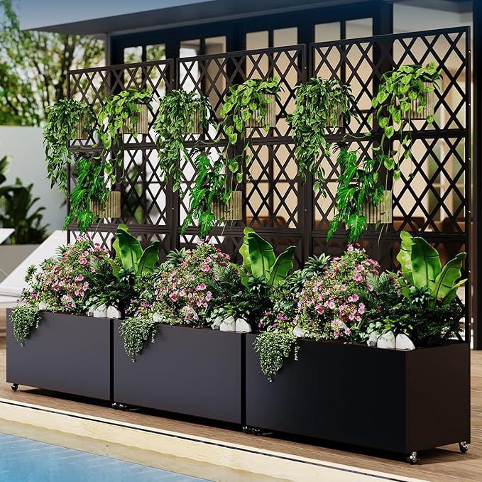 GAOMON Steel Raised Garden Bed with Trellis &amp Privacy Screen - 71x35x16/71x46x16 in Planter Box w/Lockable Casters &amp Drainage Holes for Vines Vegetables on Patio Deck Yard Black