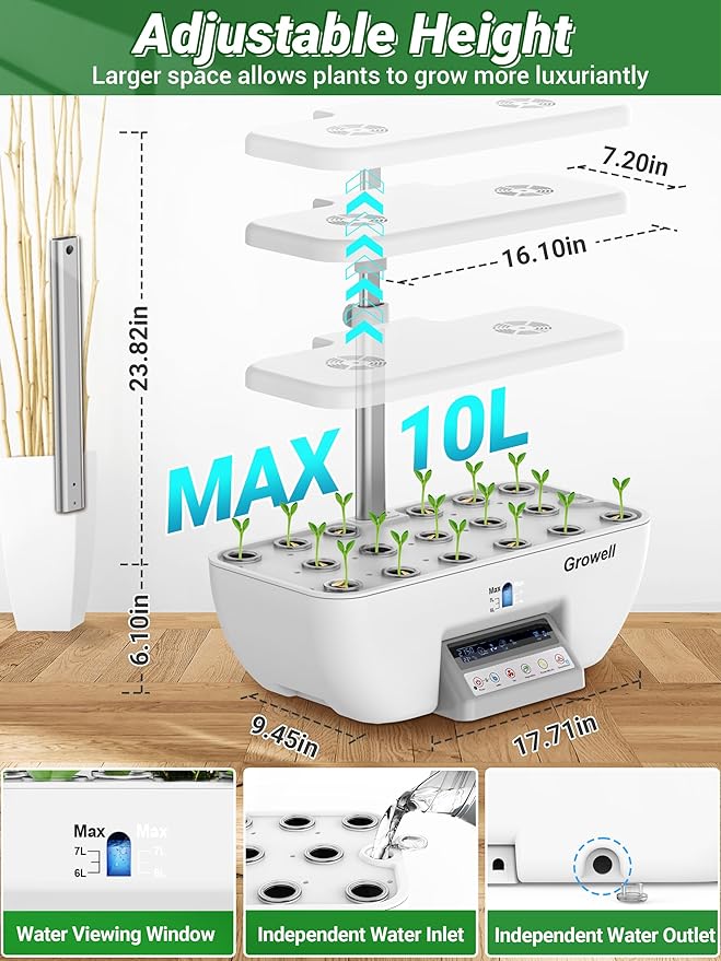 Hydroponics Growing System Kit 17 Pods Herb Garden with 102 28W Full-Spectrum Grow Lights &amp 2 Fans Indoor Garden with Water Pump 10L Water Tank Auto Timer Height Adjustable (White &amp Grey)
