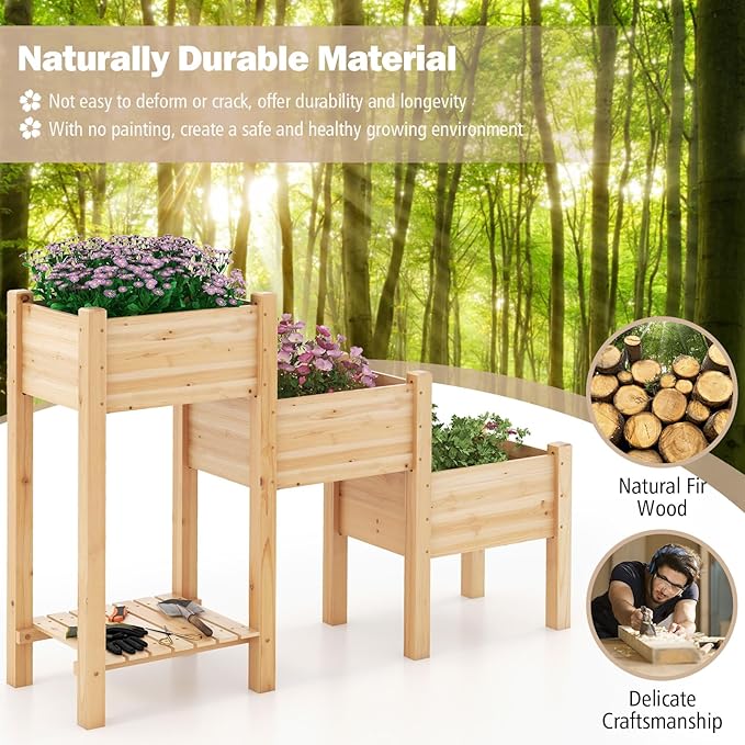 3-Tier Raised Garden Bed with Legs Fir Wood Garden Bed with Drainage Holes Indoor &amp Outdoor Elevated Standing Bed w/Open Storage Shelf Vegetable Flower Herb Raised Planter Boxes