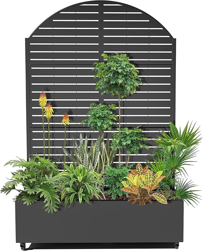 15.7×70.9×47.2 Metal Raised Garden Bed with Trellis and Wheels - Tall Trellis Planter Box for Climbing Plants Vegetables &amp Vines - Outdoor Privacy Planters for Patio (Black-Louvered)