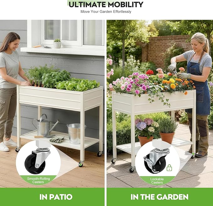 ZORMY 32 Tall Galvanized Raised Garden Bed with Legs Wheels &amp Shelf Elevated Planter Box Outdoor for Vegetables Herbs &amp Flowers Patio &amp Backyard Garden Bed with 400lb CapacityWhite