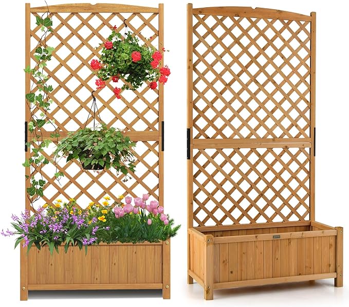 Wooden Planter Box with Trellis 71” Freestanding Garden Planter w/Lattice Panel &amp Drainage Holes Indoor &amp Outdoor Raised Garden Bed with Trellis for Vine Climbing Plants (2)