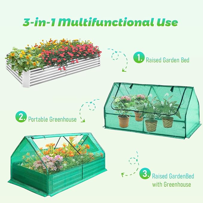 Galvanized Raised Garden Bed with Small Greenhouse for Outside 6x3x1ft High-Density PE Plant Cover with 2 Large Screen Windows Metal Planter Box for Vegetable Flower Herb Succulent