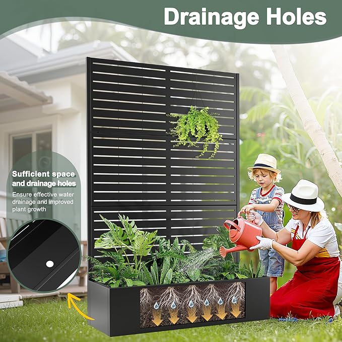 Metal Planter Box with Trellis Large Raised Garden Beds with Trellis for Climbing Vegetables Plants Privacy Screen Planter Box with Drainage Holes for Patio (47L×16W×71H Black Blinds)